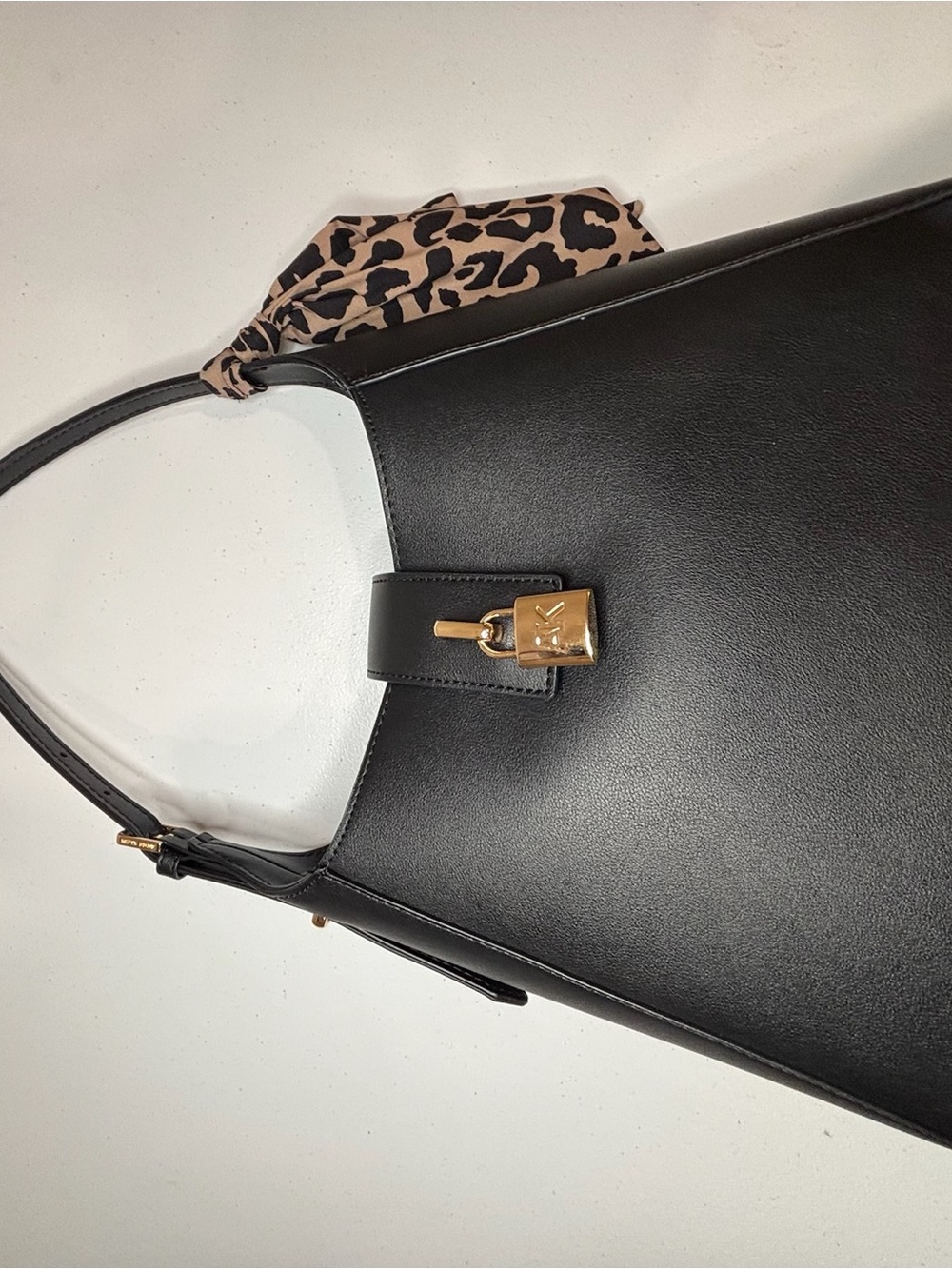 Anne Klein Black Shoulder Tote with Gold Lock and Leopard Scarf
